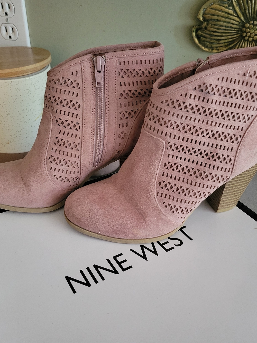 Nine West Pink Suede Laser-Cut Ankle Booties
